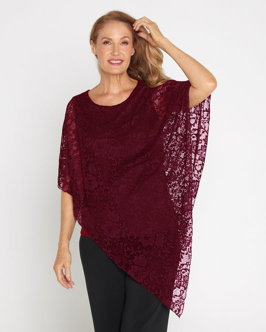 Eliza Lace Overlay Top - Burgundy