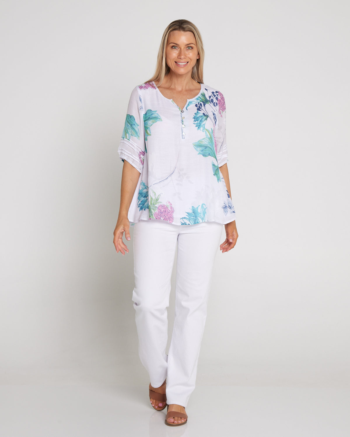 Farida Blouse - White/Teal/Hydrangea