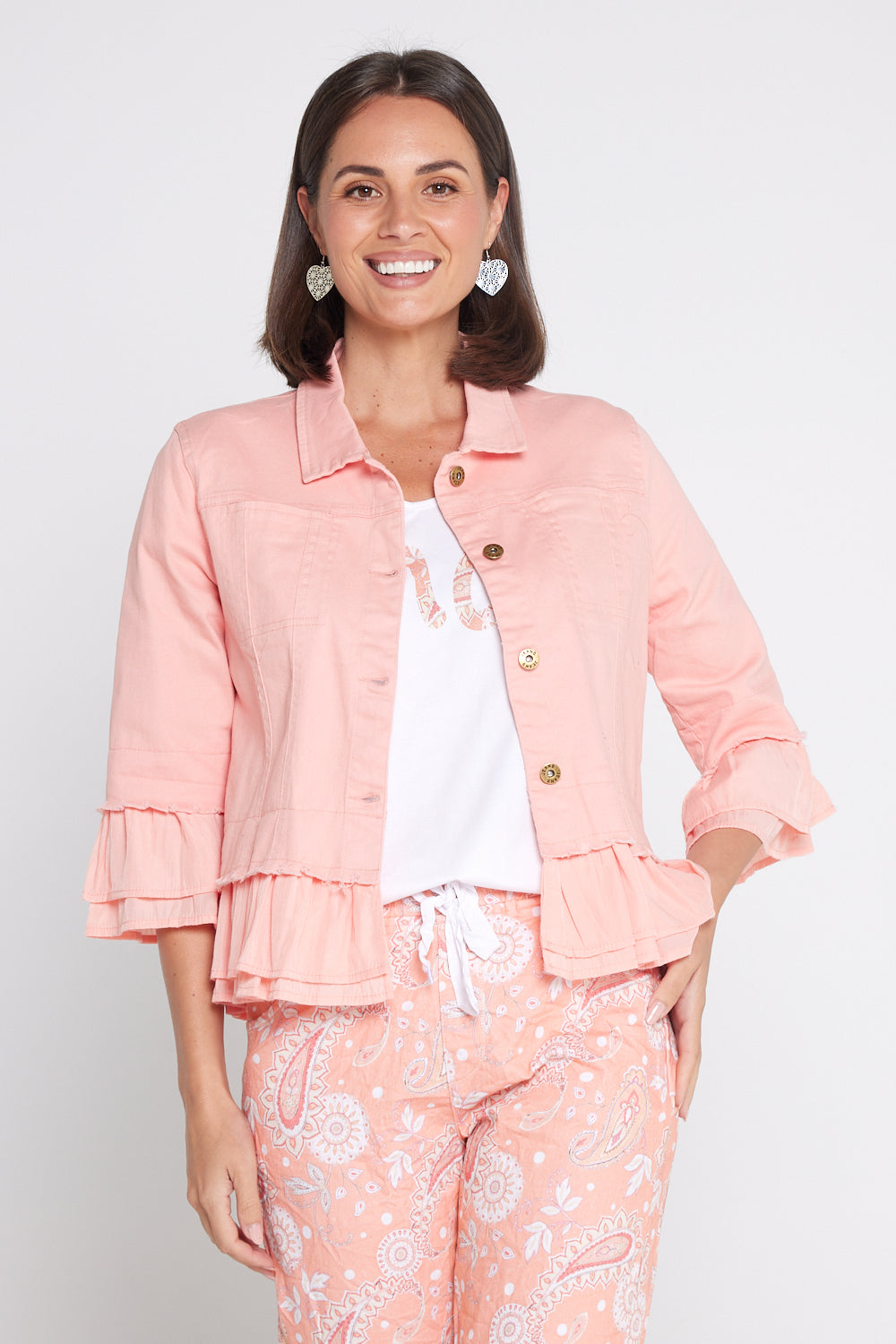 Leelah Cropped Ruffle Denim Jacket Peach TULIO Fashion
