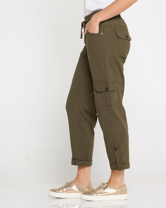 Issy Linen Blend Cargo Pants- Khaki