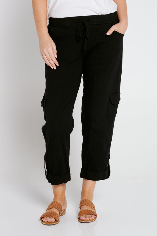 Issy Linen Blend Cargo Pants - Black