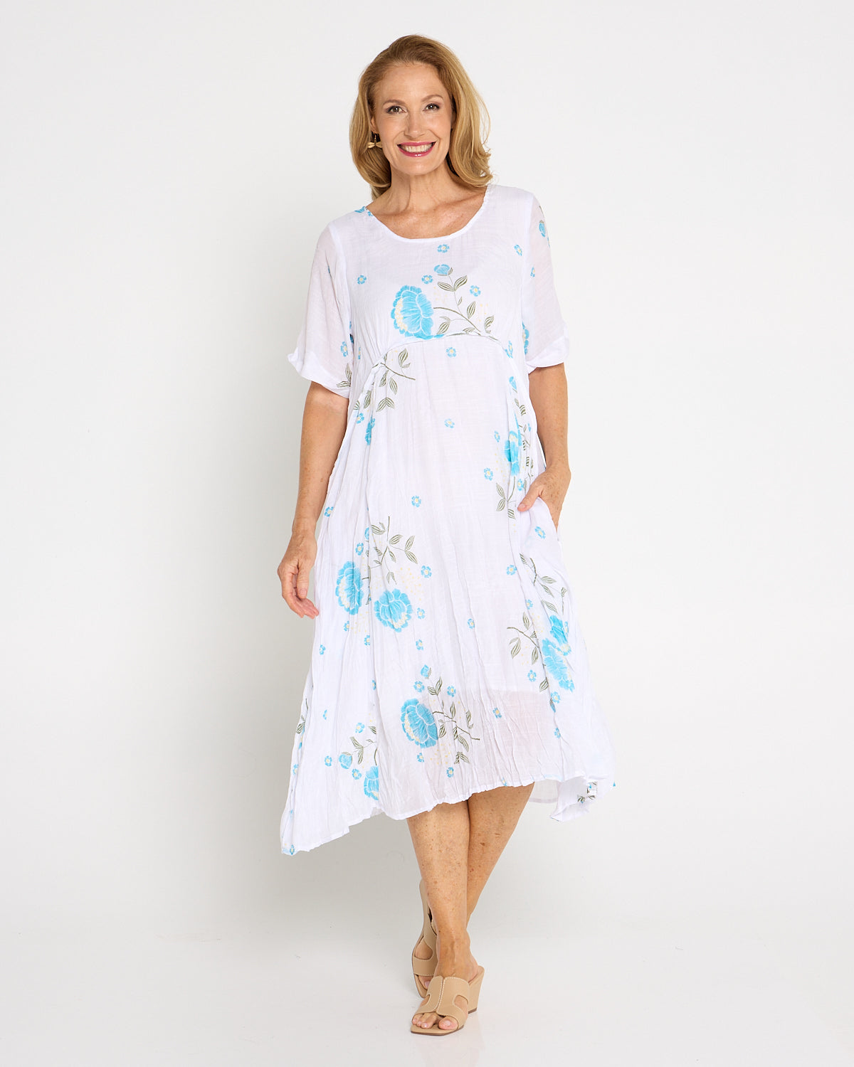 Waterhouse Dress - White/Teal Artisan Floral
