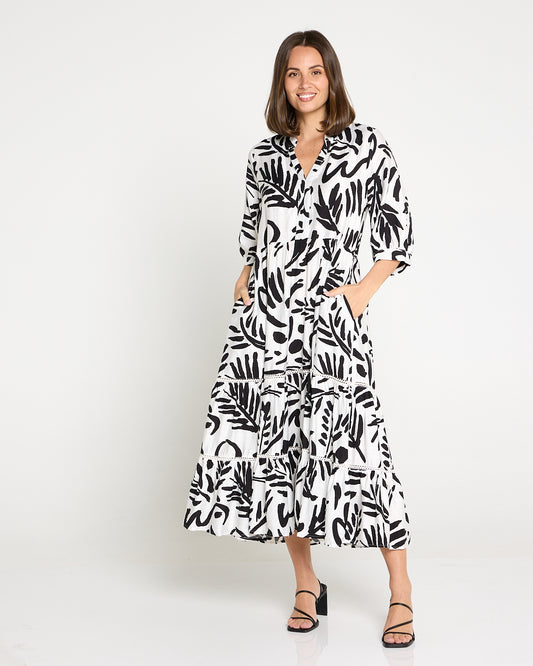 Melissa Midi Dress - Black/White Botanical