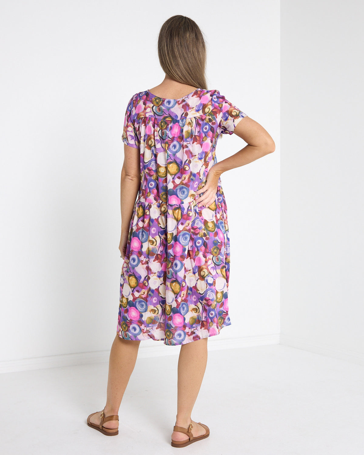 Emery Pintuck Dress in berry pop, back view