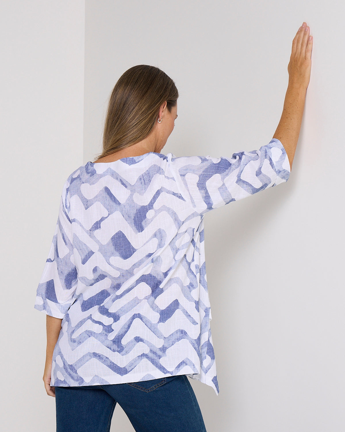 Esther Linen Top - Blue/White Print