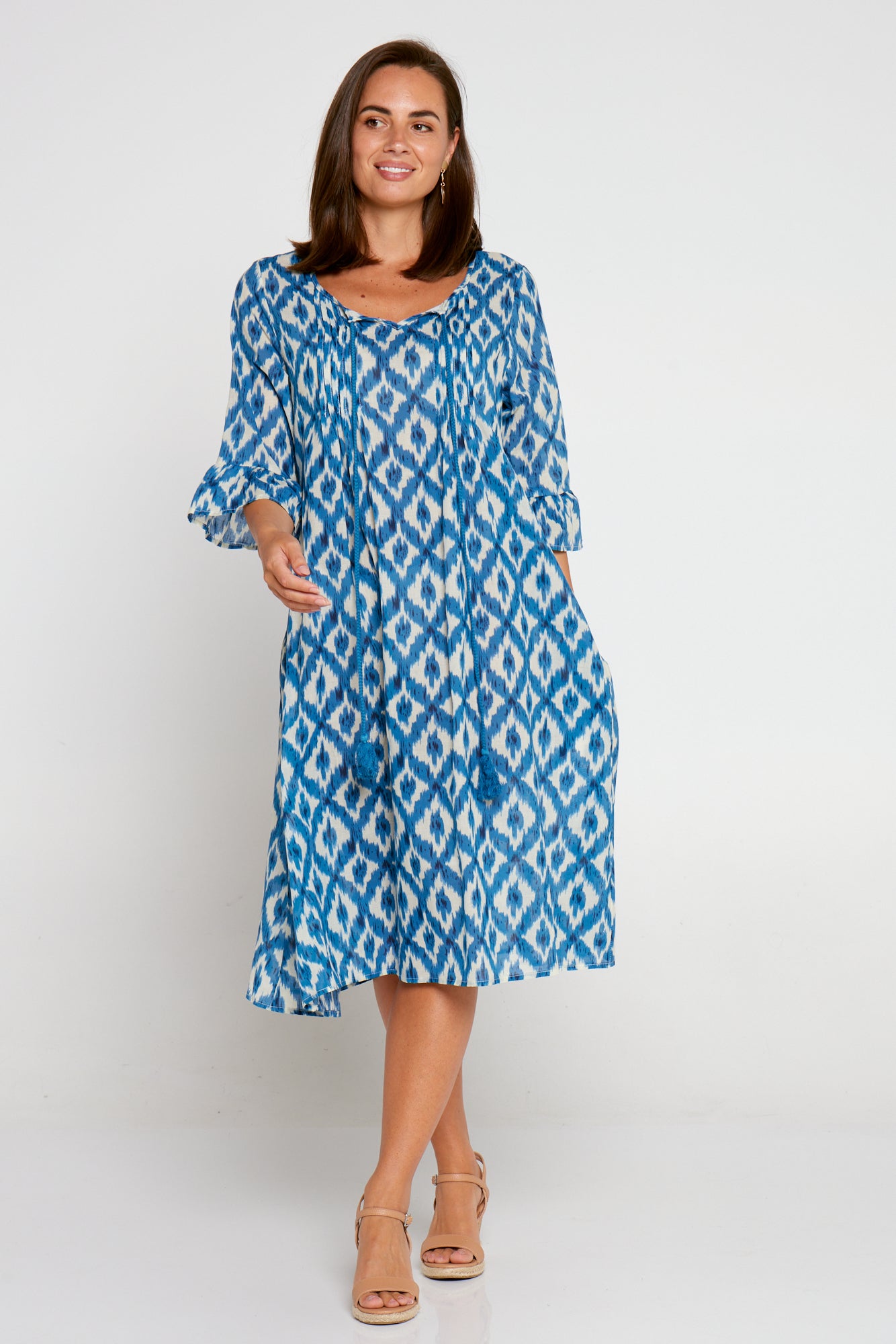 Bethany Cotton Dress - Blue Ikat Print