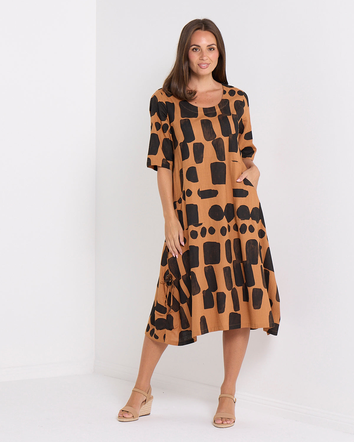 black and tan linen dress River Linen Dress Tan Black Pebble