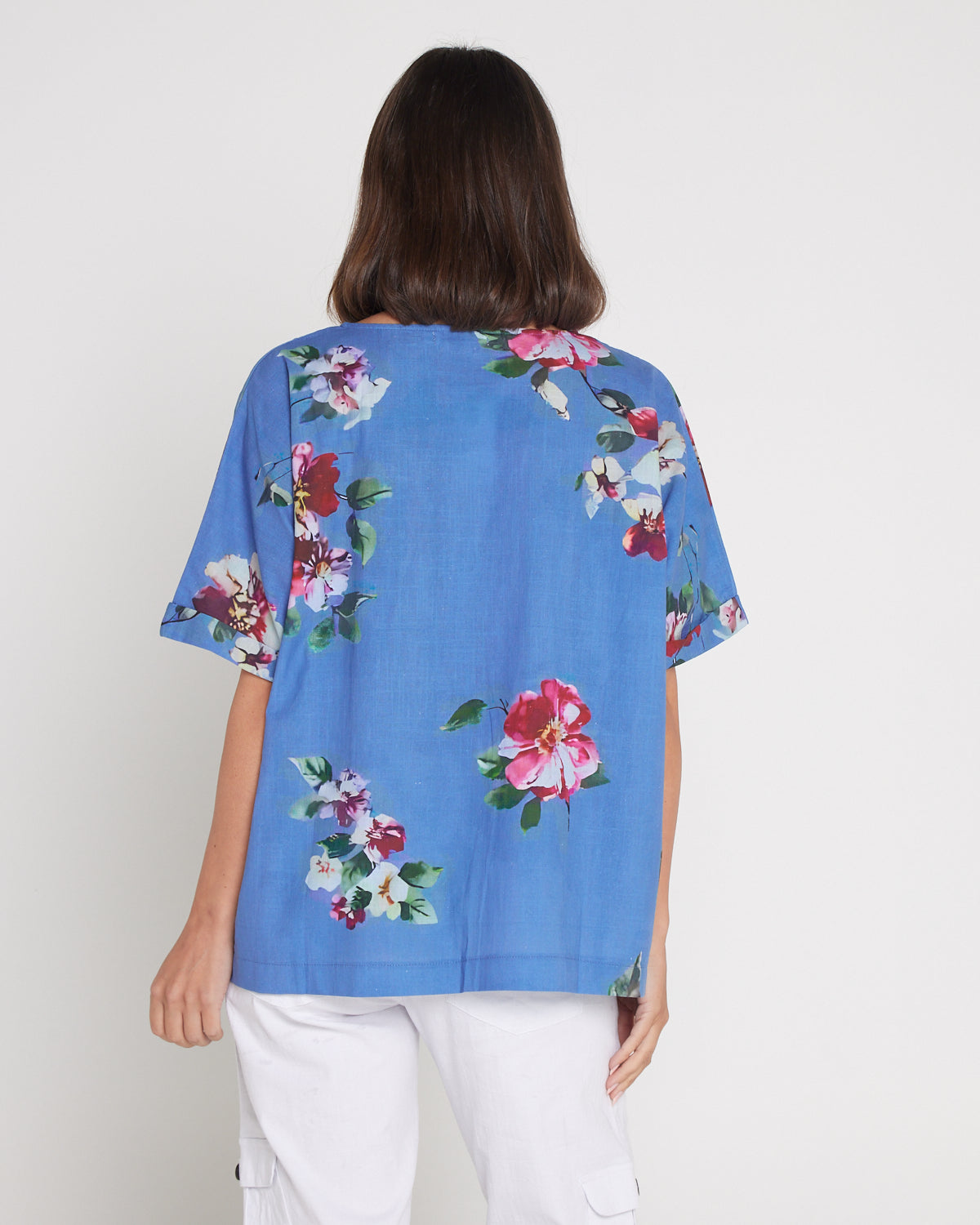 Jasmin Washed Cotton Top - Denim Floral