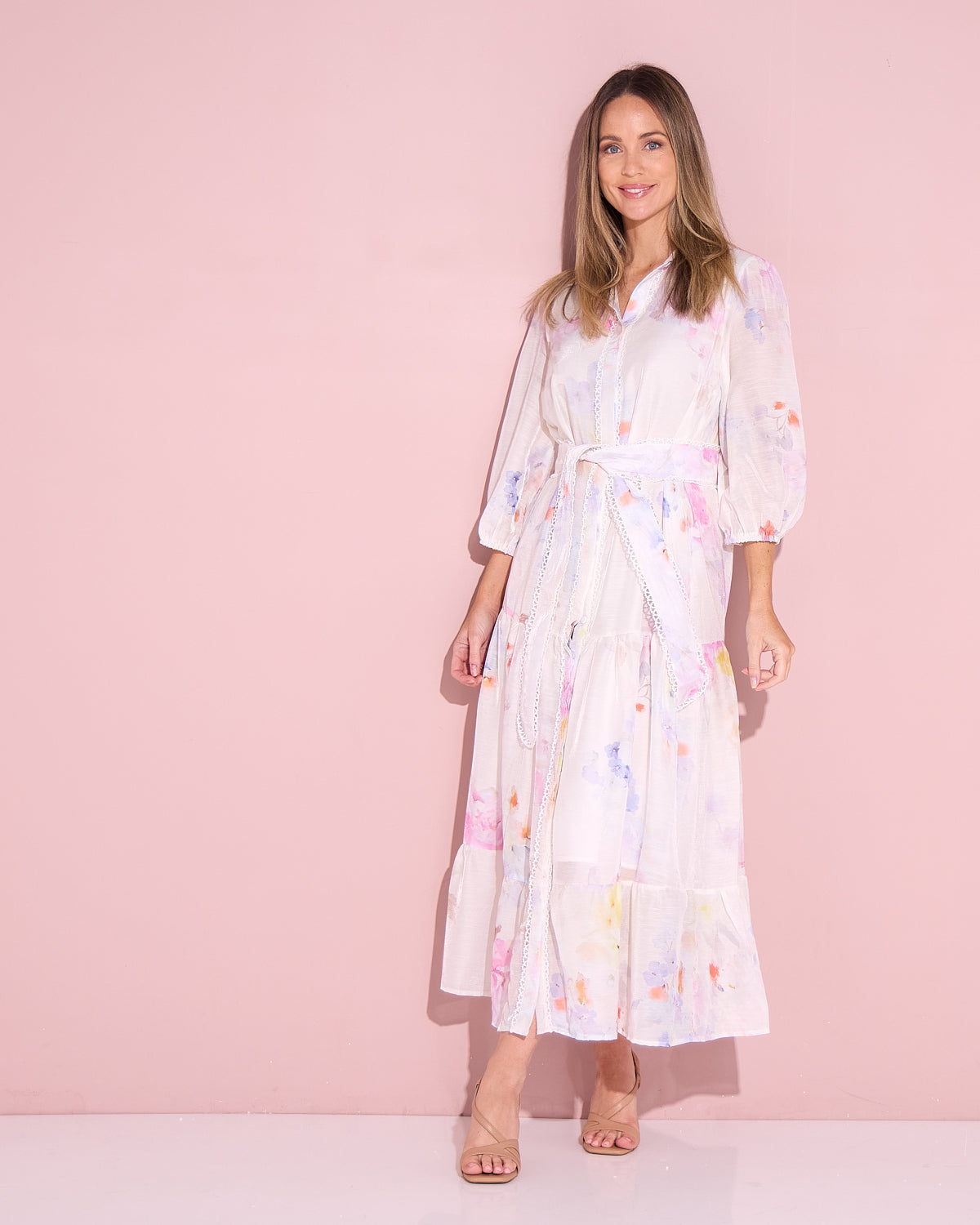 Bethany Dress White Pastel Floral Midi Dress Women's Occasion