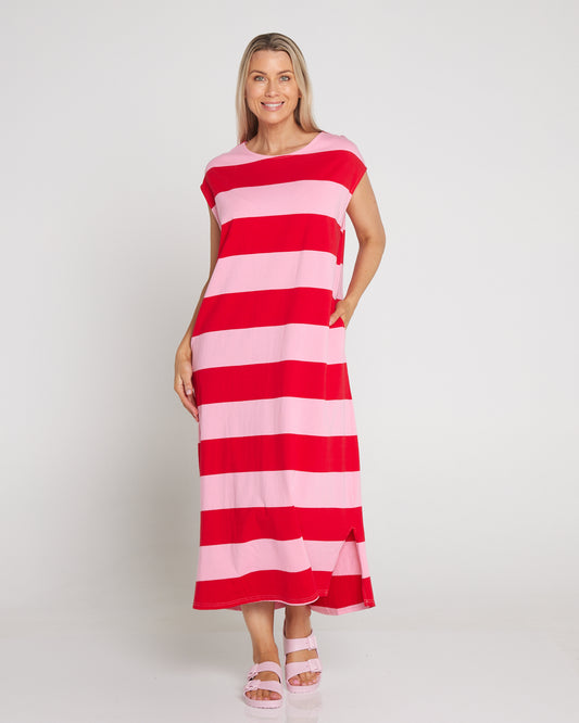 Jardin Stripe Cotton T-Shirt Dress - Garnet