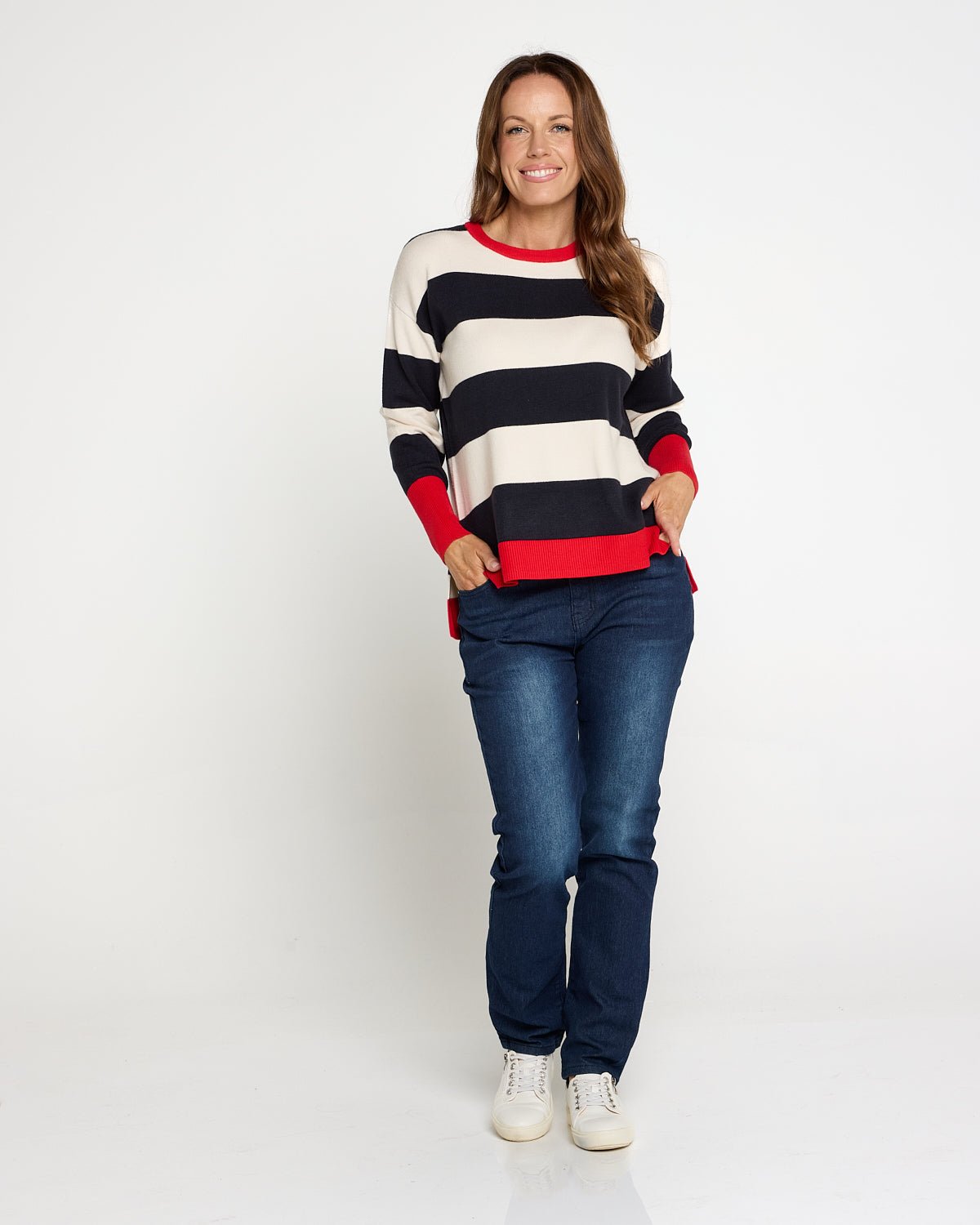 Elvie Stripe Knit Top - Navy/White/Poppy