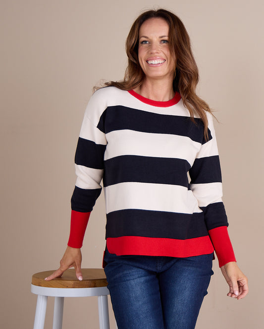 Elvie Stripe Knit Top - Navy/White/Poppy