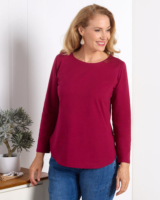 Kristie Cotton Long Sleeve Tee - Burgundy