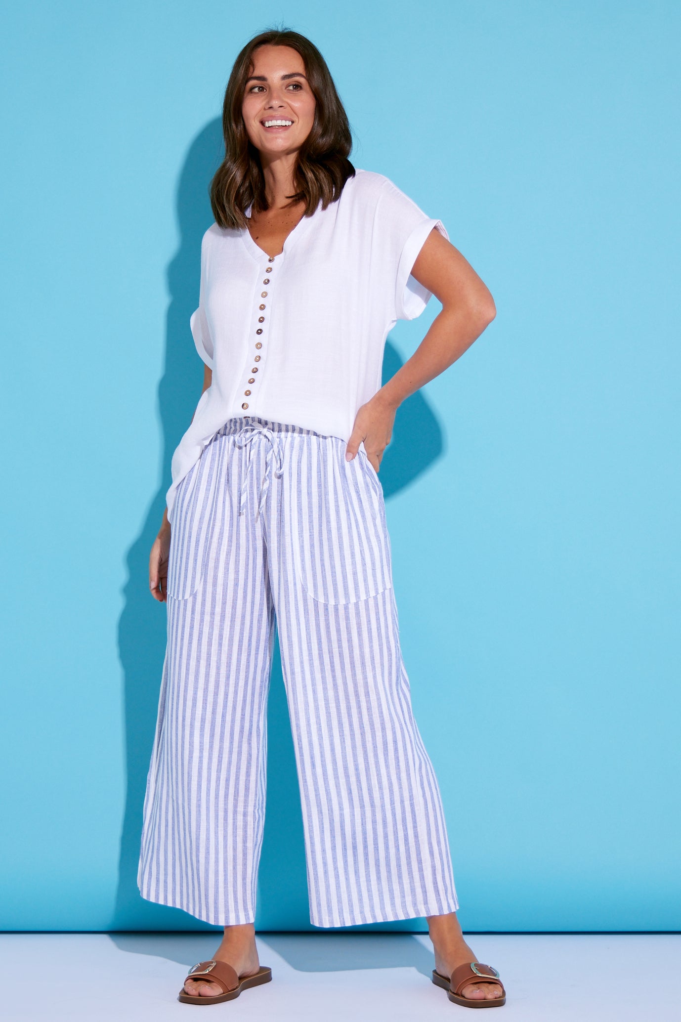 Striped Linen Trousers for Women, Blue & White Stripy Patterned