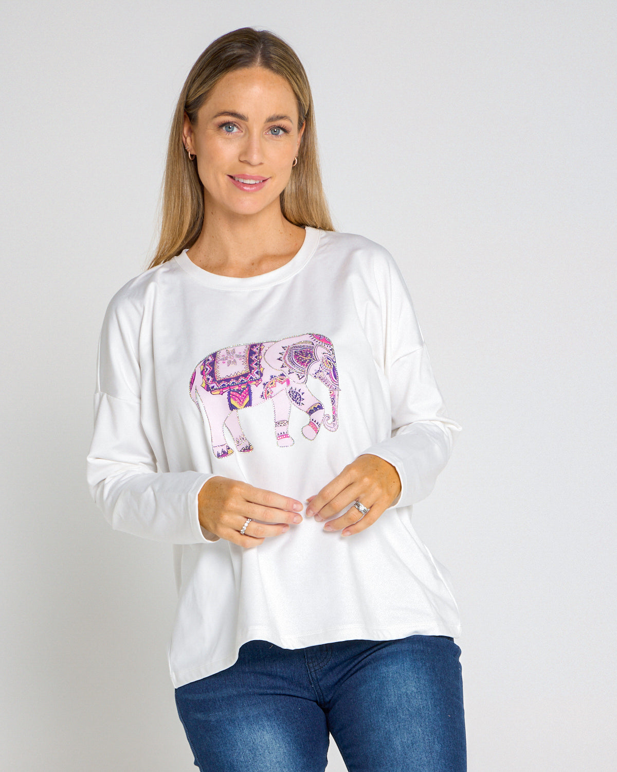 Anika Fleece L/S Tee - White/Lilac Elephant