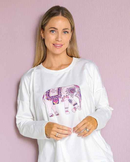Anika Fleece L/S Tee - White/Lilac Elephant