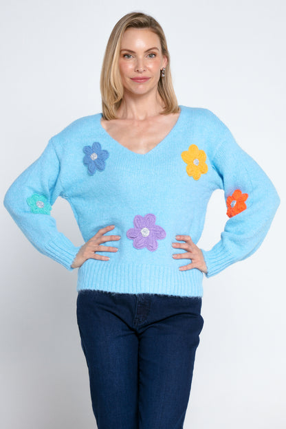 Appliqué Flower Knit Jumper - Blue