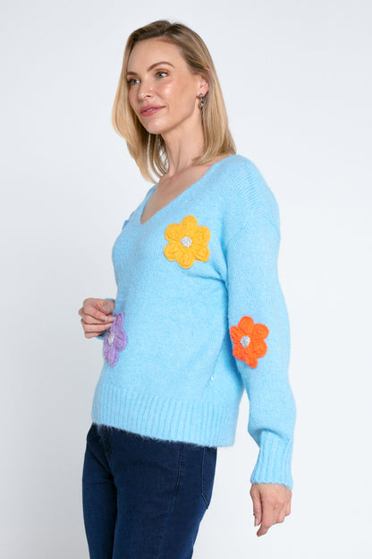 Appliqué Flower Knit Jumper - Blue