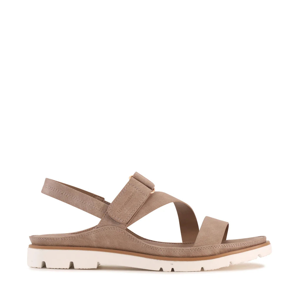 Ashli Lightweight Sandal in light taupe, outer side profile with adjustable ankle strap