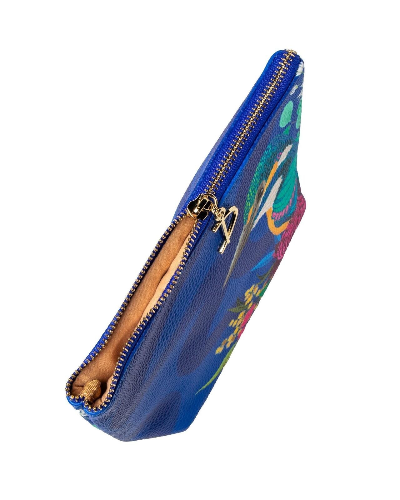 Blue pouch with colorful design and gold zipper on a white background