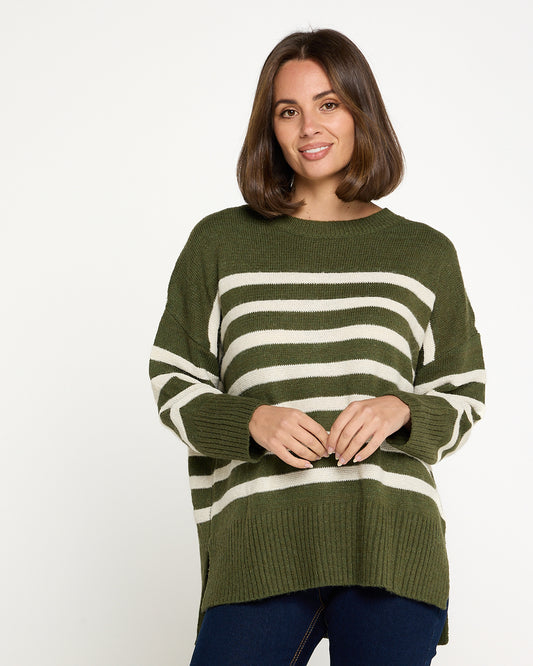 Rhianna Knit Jumper - Khaki/Cream Stripe