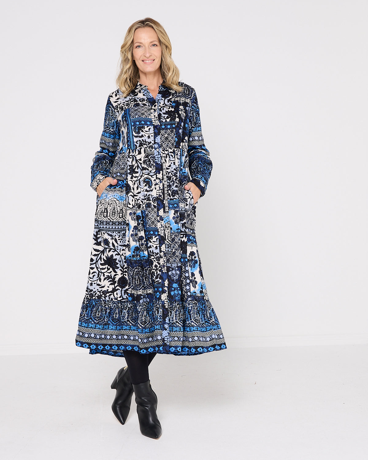 Blue Patchwork Maxi Dress Rayon Button Through Dress – TULIO Fashion