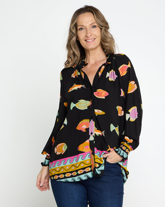 Brooks Blouse - Black Multi Fish