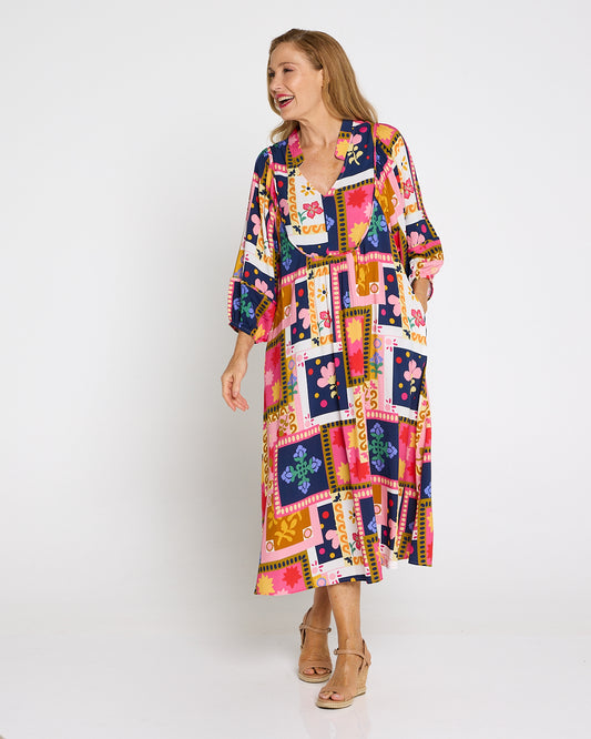 Paloma Boho Dress - Pink Navy Print