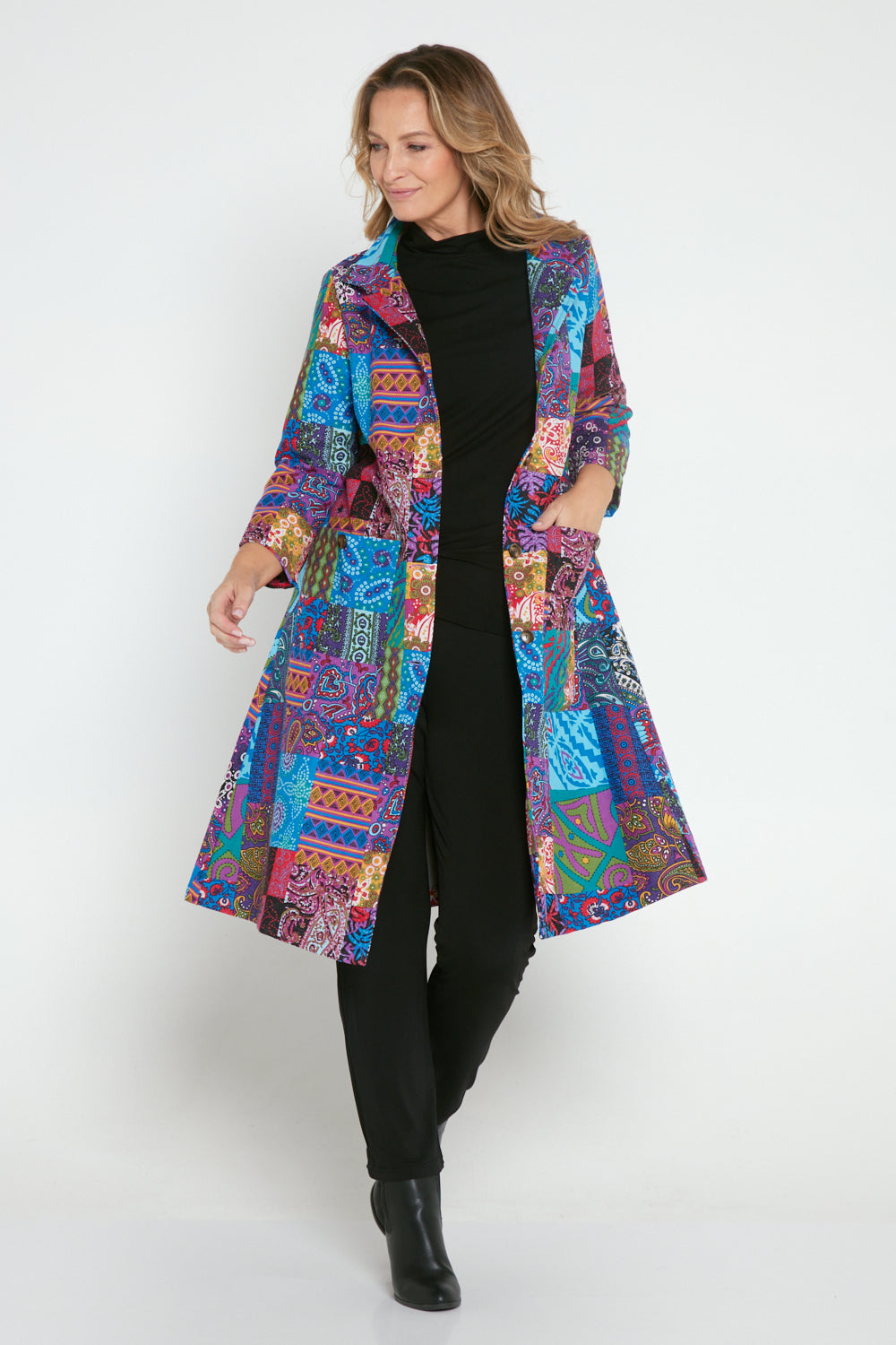 Carlton 3 4 Sleeve Fleece Lined Coat Blue Patchwork TULIO Fashion