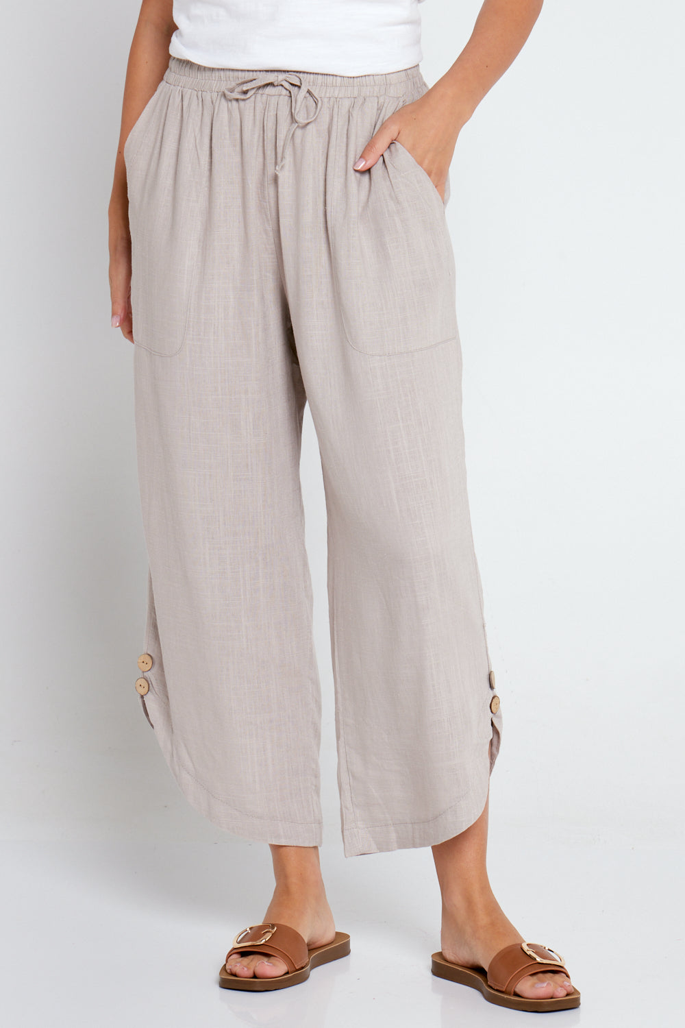 Beige linen-cotton flat-front lightweight Women Trousers