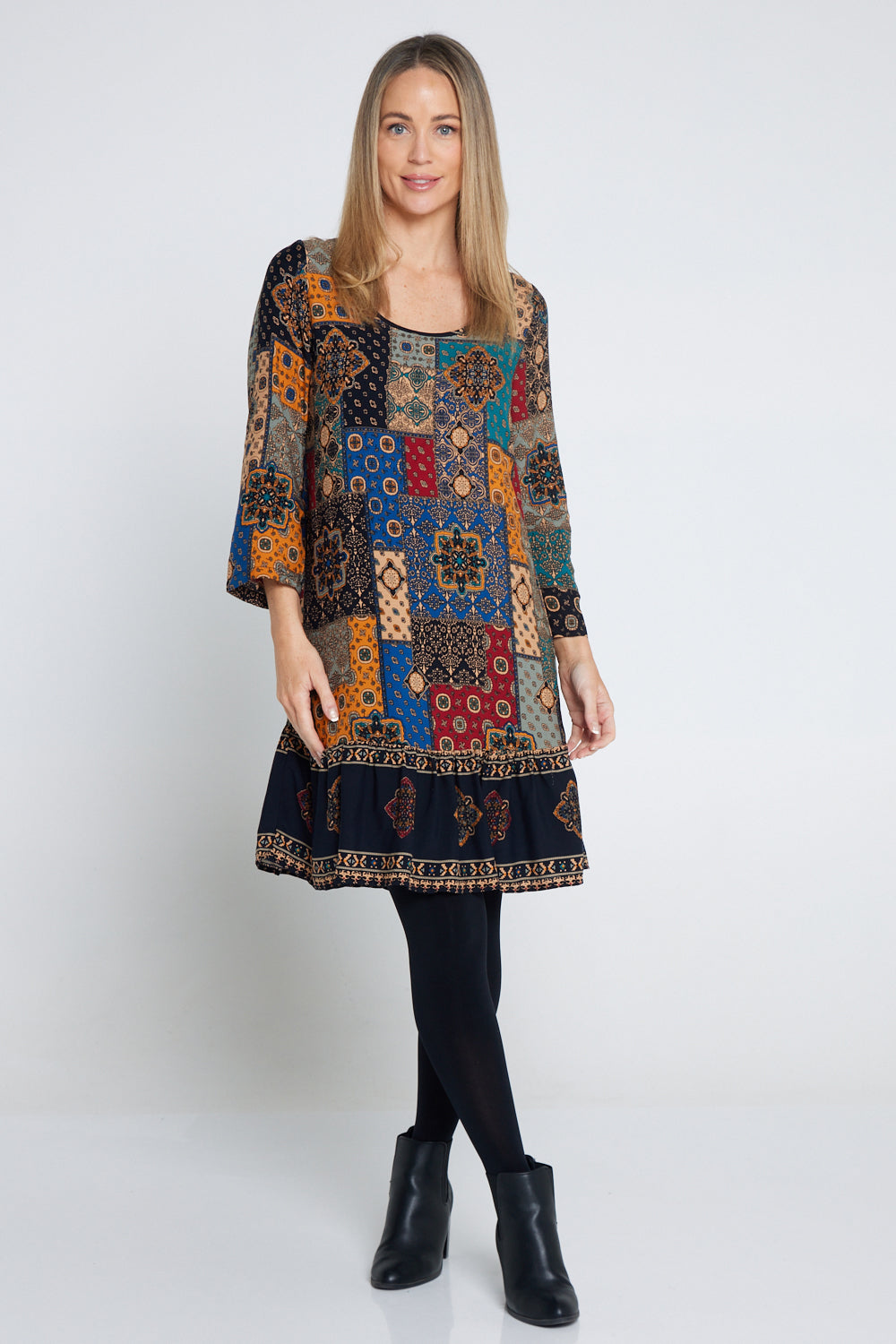 Cassandra Petite Dress Red Blue Patchwork Winter Dresses New Arrivals TULIO Fashion