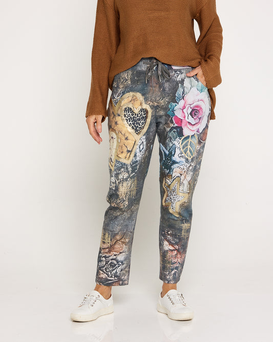 Everlee Cotton Pants - Gold Floral Collage