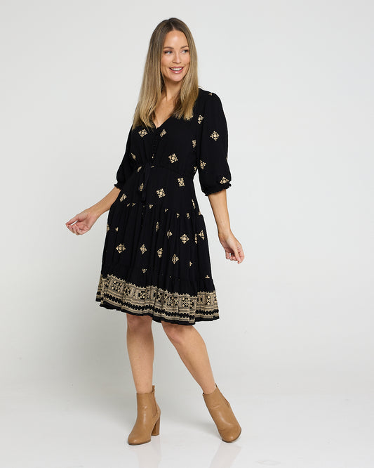 Lola Embroidered Petite Dress - Black