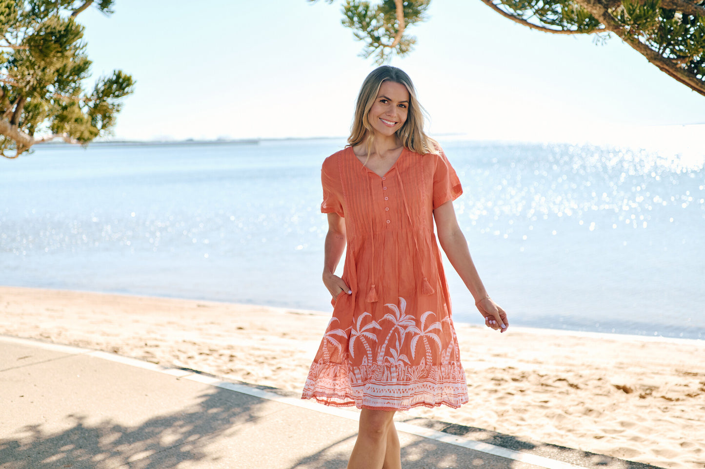 Connie Cotton Dress - Coral Border