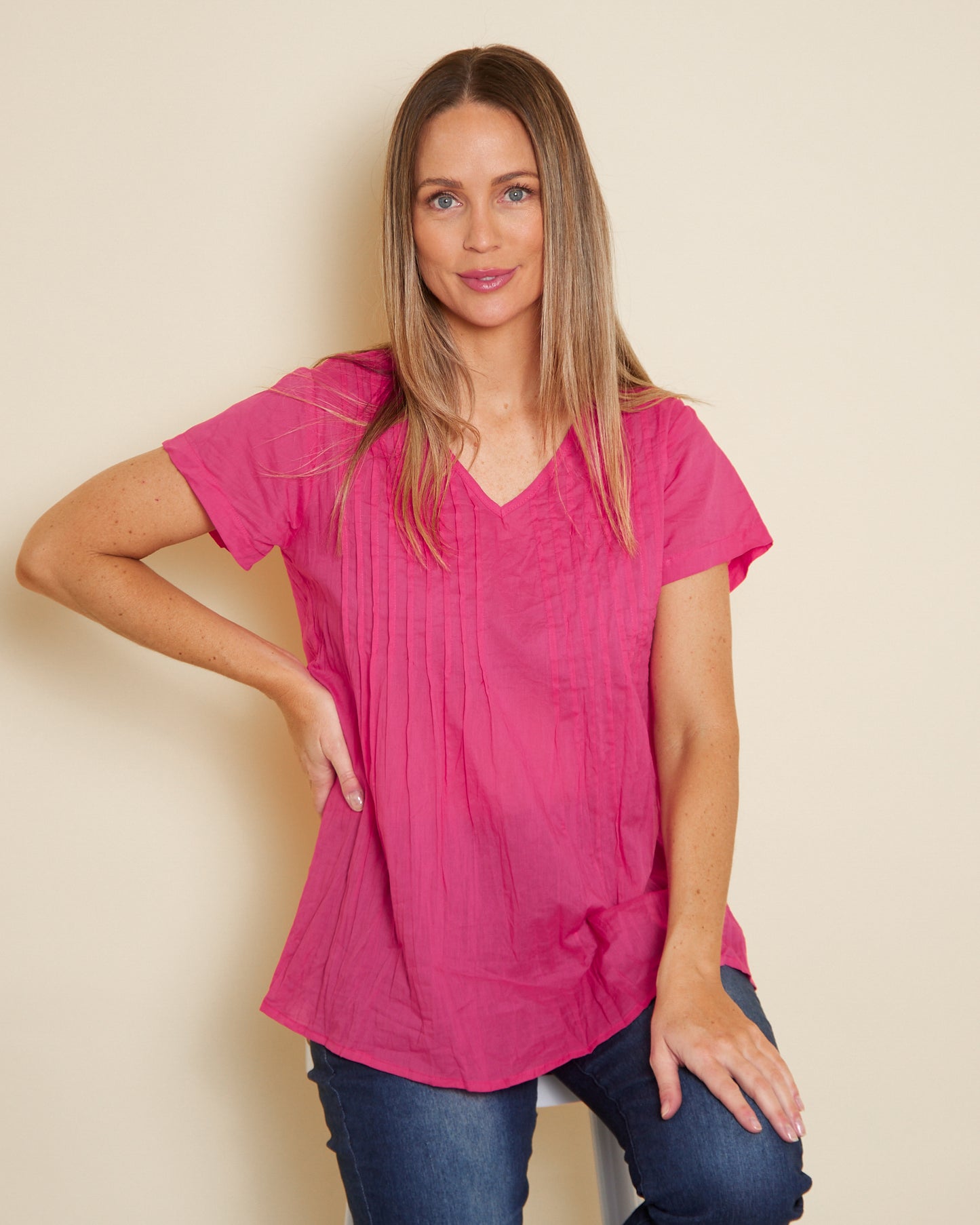 Kayla Cotton Short Sleeve Top - Hot Pink
