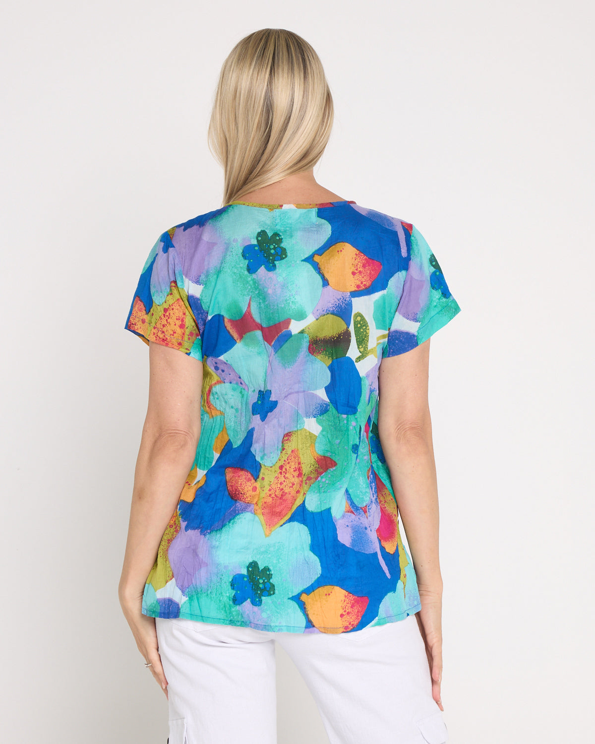 Kayla Cotton Short Sleeve Top - Blue Floral