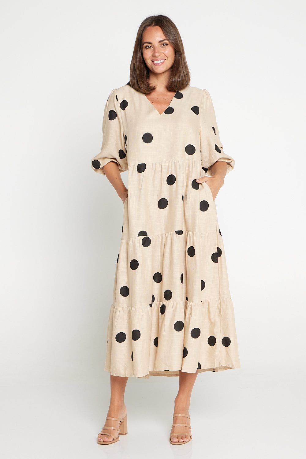 Eleanor Linen Dress Beige Black Spot TULIO Fashion