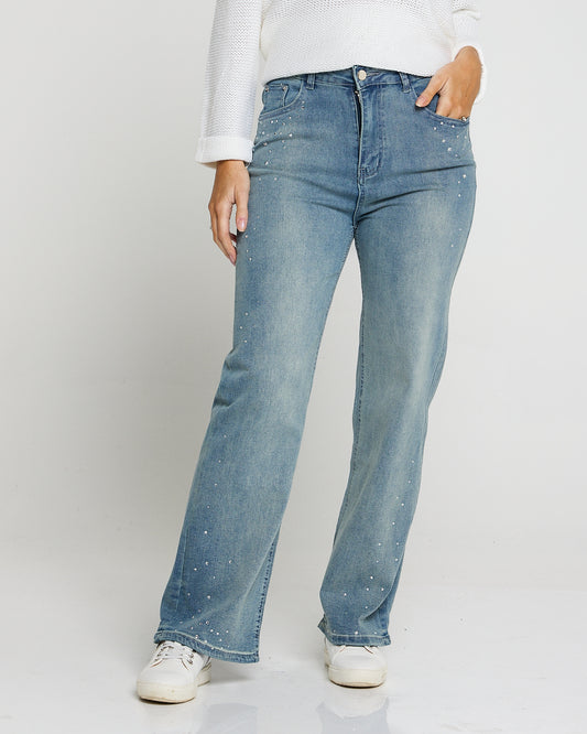 Tessa Wide Leg Diamante Jeans - Denim