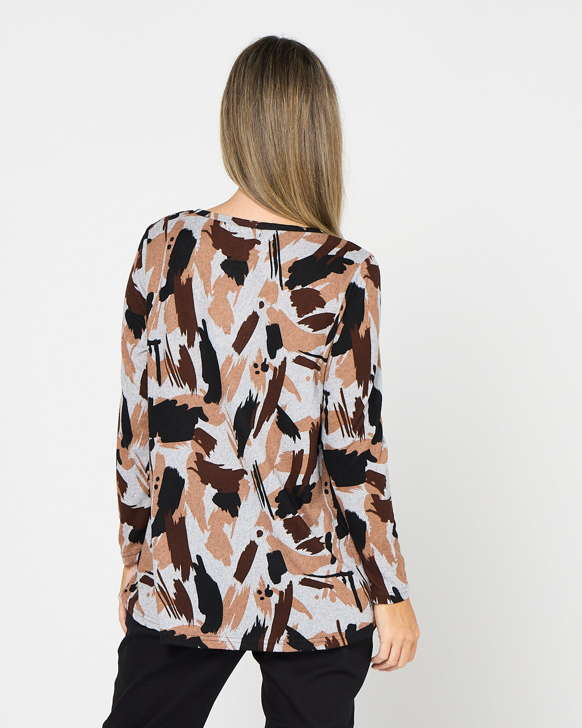 Georgia Long Sleeve Top - Mocha Painterly