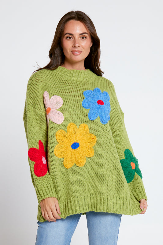 Flower Power Knit Jumper - Green Floral