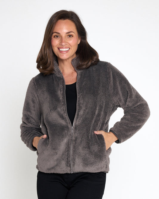 Harlow Fluffy Zip Jacket - Grey