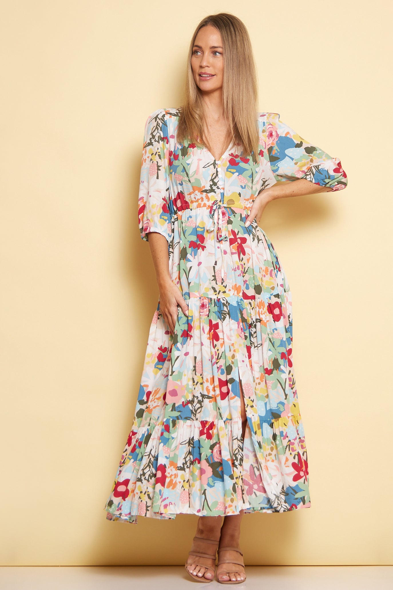 freesia long sleeve wrap dress reviews The Mary maxi shirtdress in green and blue freesia block print Grace Harris Collection