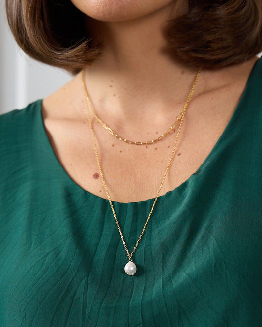 Freshwater Pearl Drop Layer Necklace - Gold/Cream