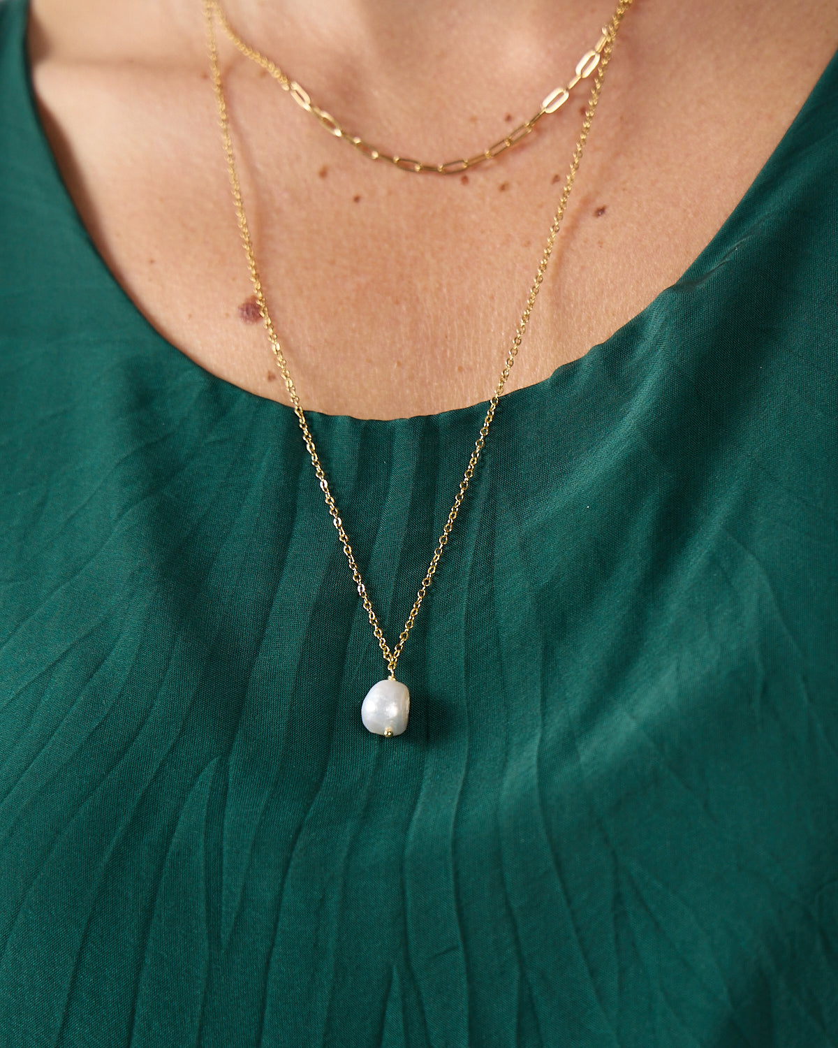 Freshwater Pearl Drop Layer Necklace - Gold/Cream