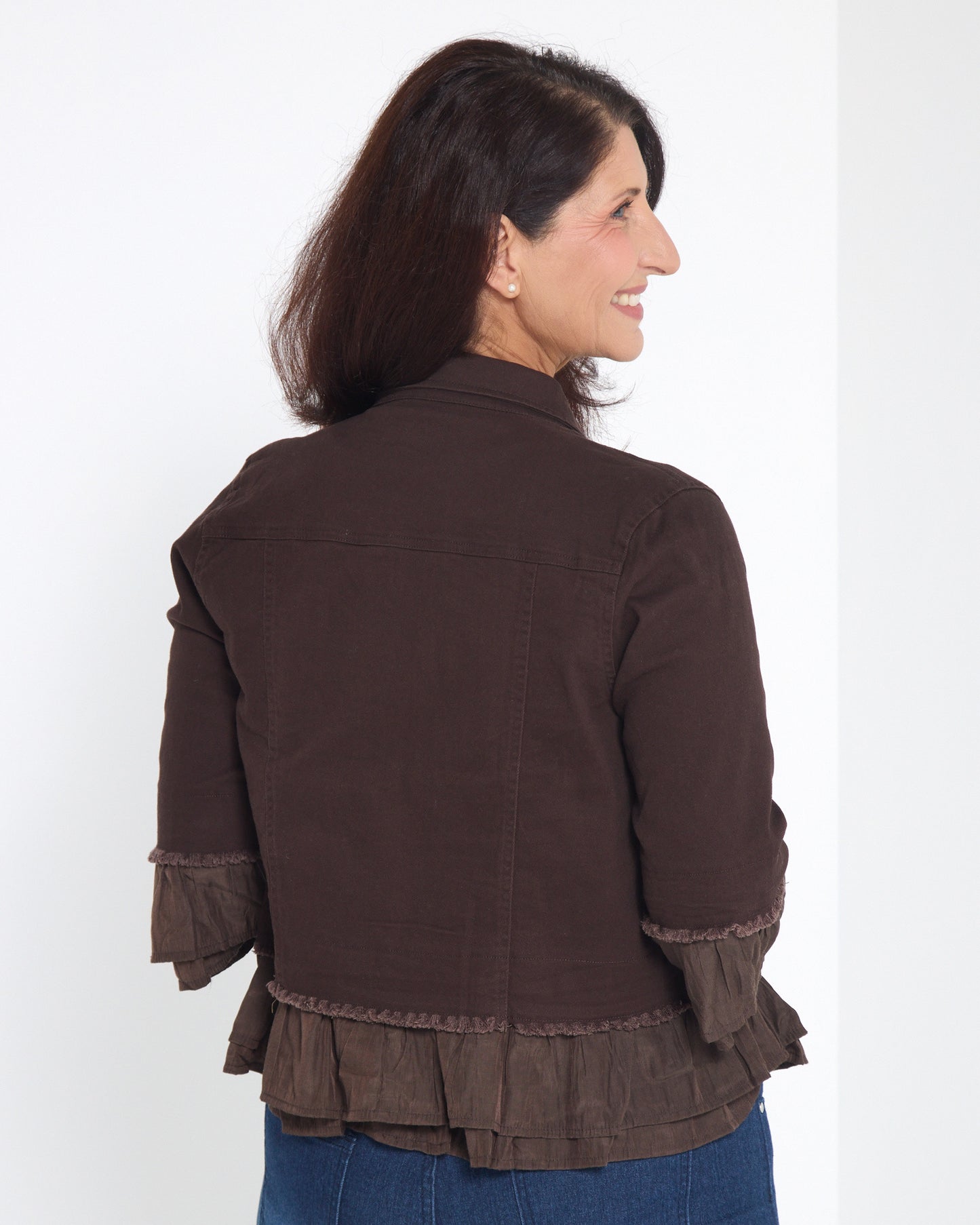 Leelah Cropped Ruffle Denim Jacket - Chocolate