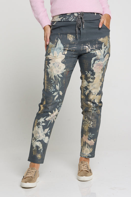 Ridley Pants - Charcoal Floral Foil