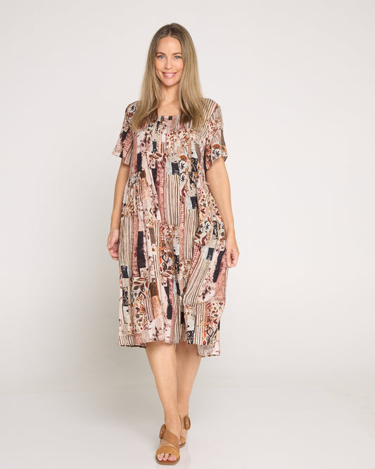 Elora Cotton Dress - Brown Patchwork