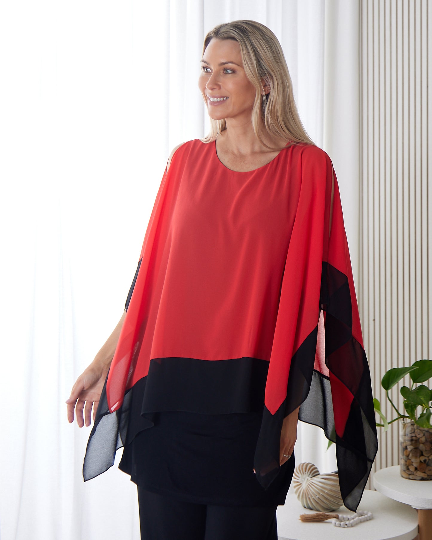 Gilliana Chiffon Kimono Top - Coral Red/Black