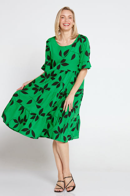 Jackson Linen Dress - Green Leaves
