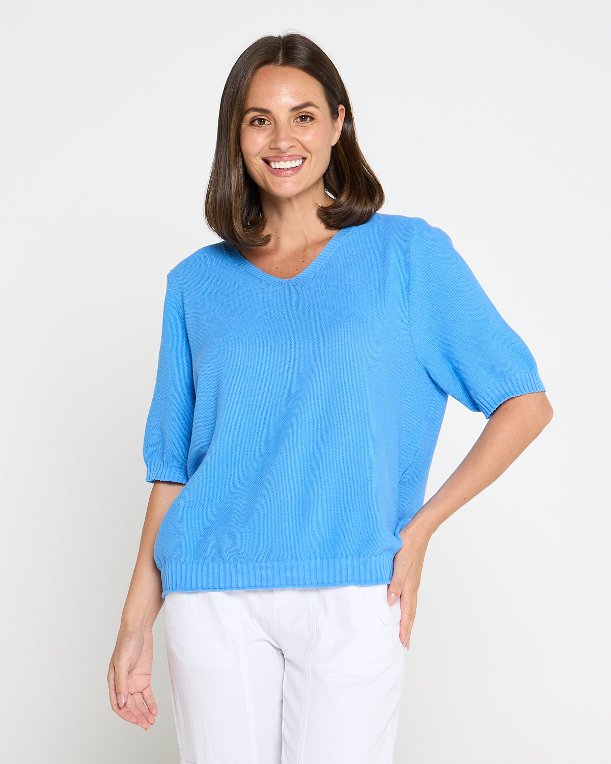 Rachel Cotton Knit Top Blue Summer Knitwear for Women – TULIO